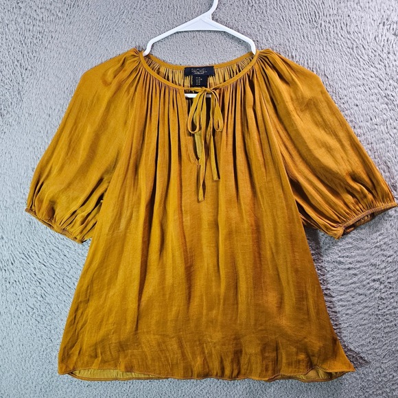 Rachael Roy Top Blouse‎ Women Medium Tie Neck Short Sleeve Golden Brown Soft - Picture 1 of 9